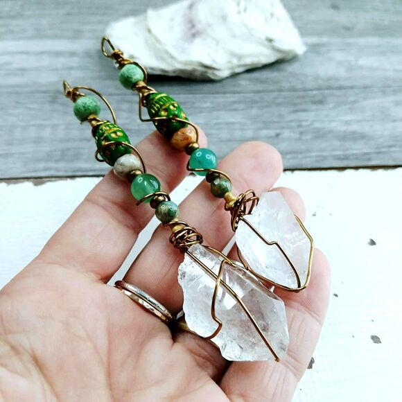 Large Clear Quartz Pendant, Bronze Gemstone Statement Pendant, 4" - Picture 4 of 4